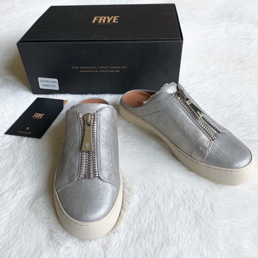 FRYE Lena Zip Mule Silver Metallic Leather Platform Casual Sneakers
